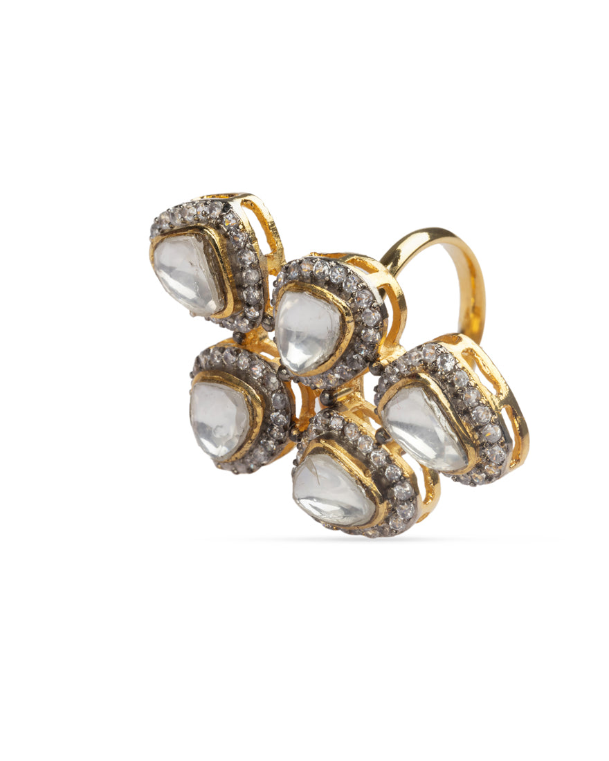 Vasundhara’s Sobia Ring in a slightly angled view on white backdrop, highlighting its floral kundan and diamond accents.