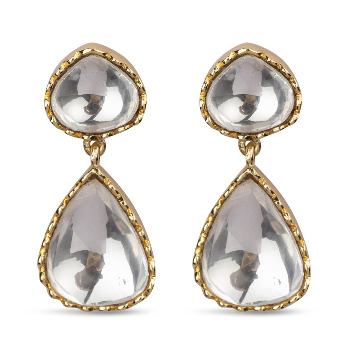 A pair of Rahma Earrings from Vasundhara is displayed on a white background