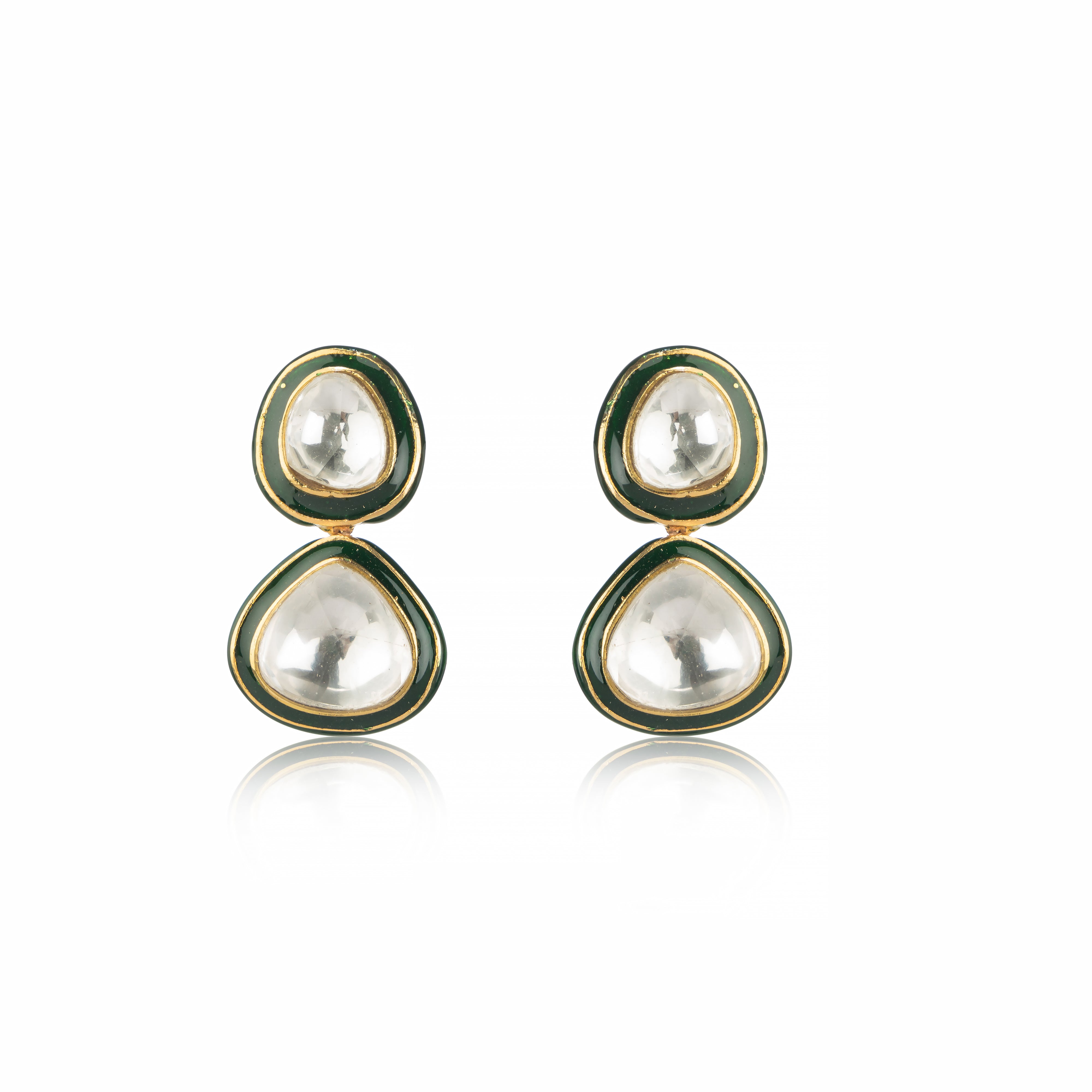 Aaravi Earrings with white stones and emerald borders presented on a white BG