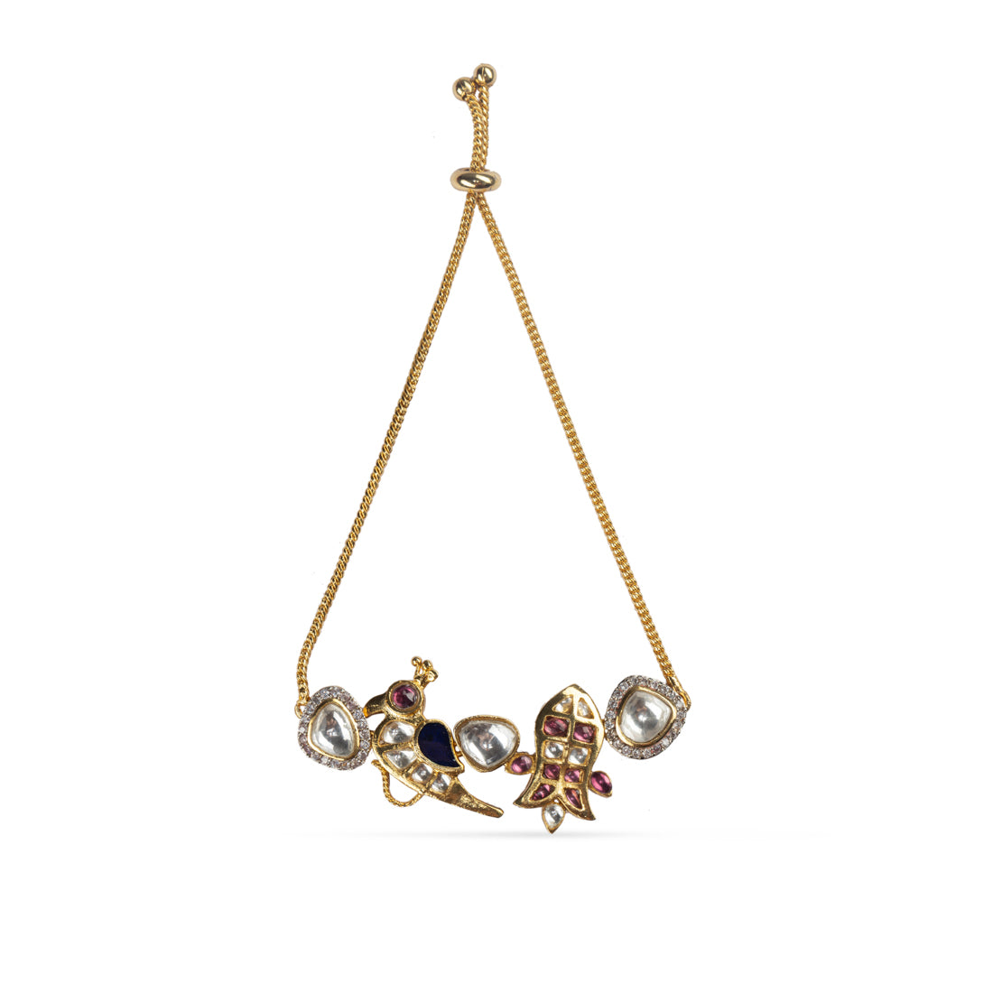 Vasundhara Indira Bracelet, handcrafted gold with intricate kundan work and gemstones, placed in a white backdrop.