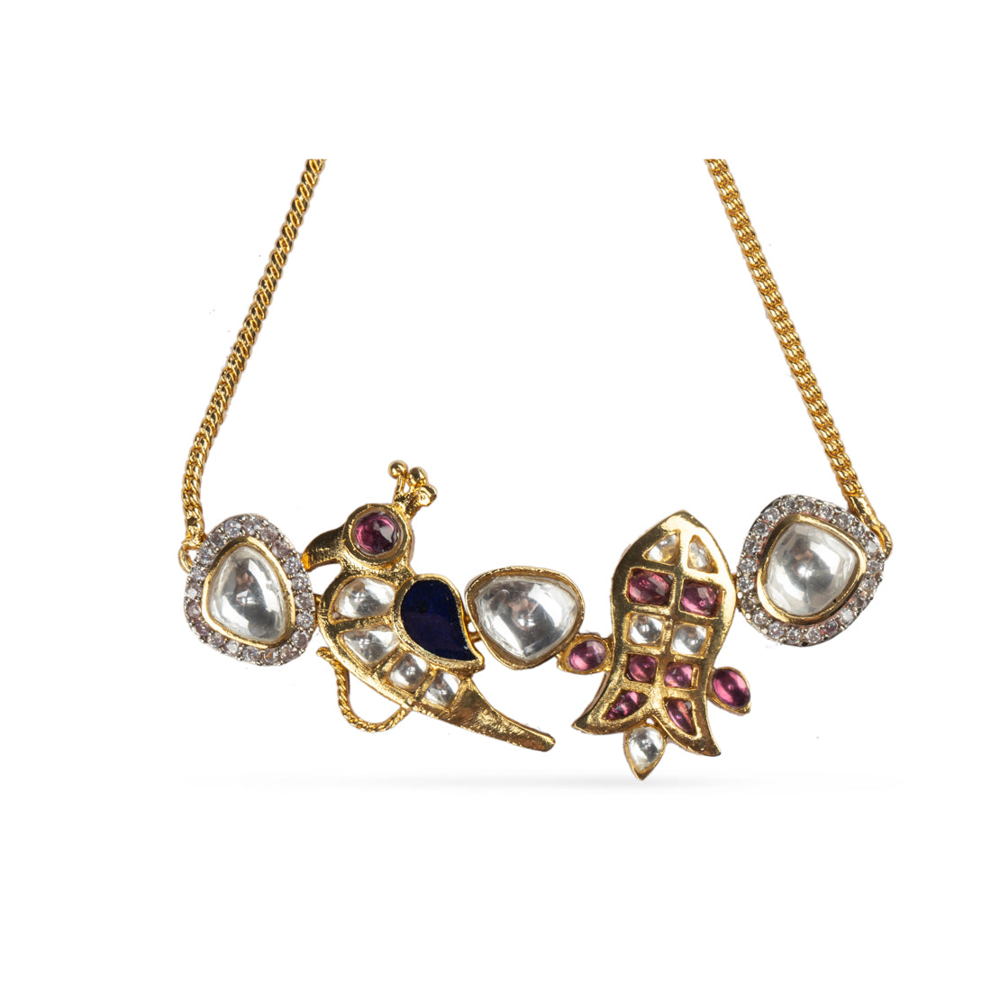 Detailed close-up shot of Indira Bracelet by Vasundhara, ornate gold with kundan and gemstones, featuring animal motifs.
