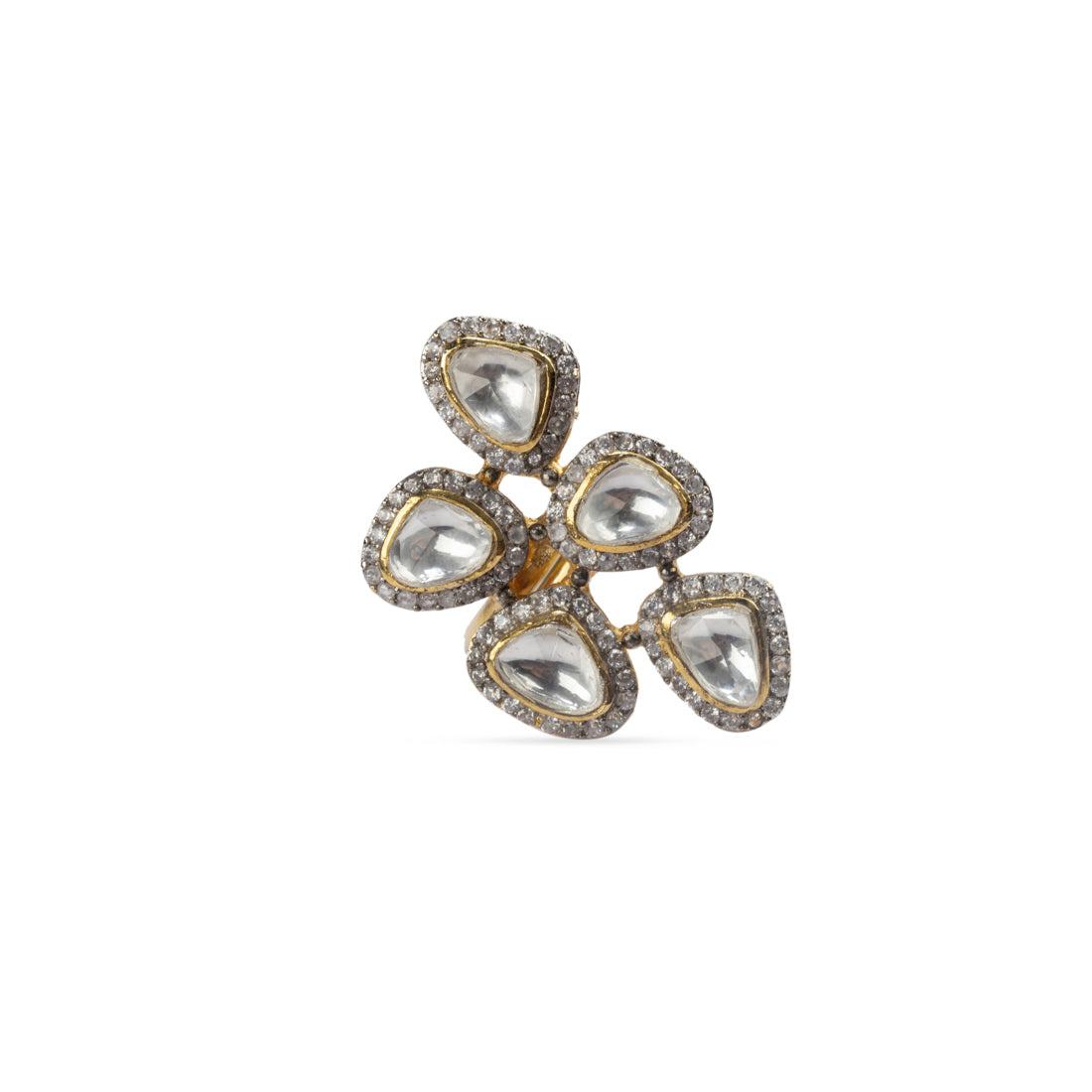 Close-up shot highlighting the Sobia Ring by Vasundhara, crafted with pear-shaped kundan stones in a floral arrangement.