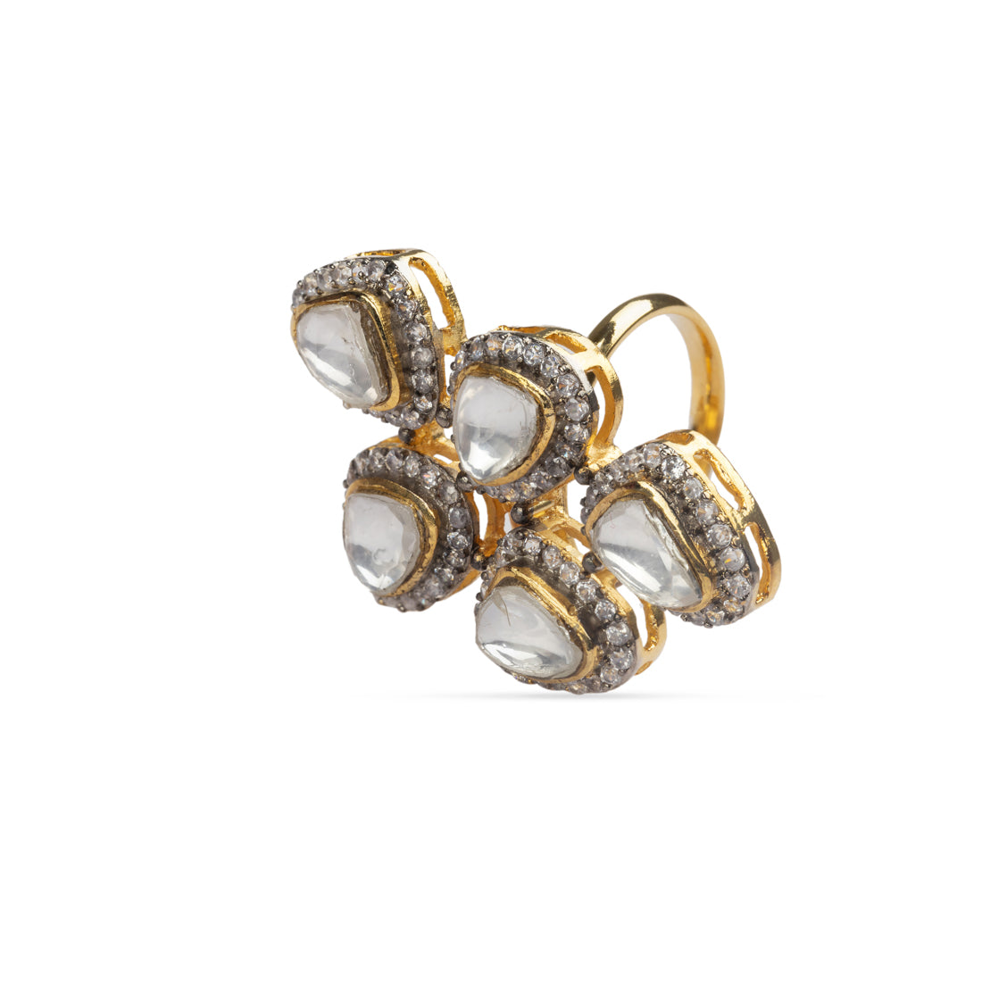 Vasundhara’s Sobia Ring in a slightly angled view on white backdrop, highlighting its floral kundan and diamond accents.
