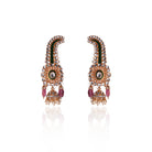 Long gold Suhani Earrings by Vasundhara with curved top, pink bead accents, and pearl jhumka embellishments.