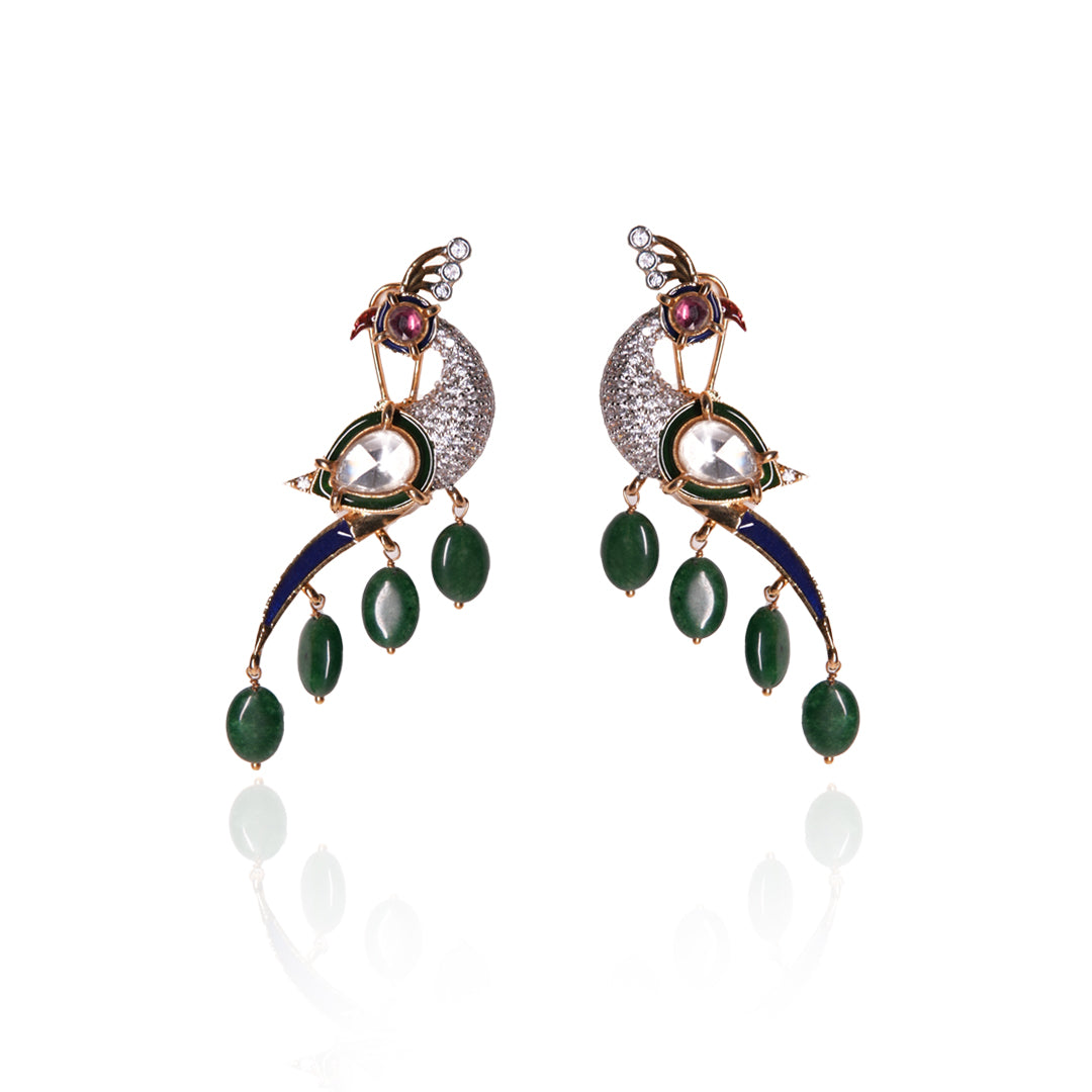 Vasundhara’s Saanjh Peacock Earrings Highlighted on a Clean White Backdrop