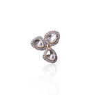 Vasundhara’s Mira Ring, featuring three kundan stones and diamond halos, captured in a close-up shot on a white background.
