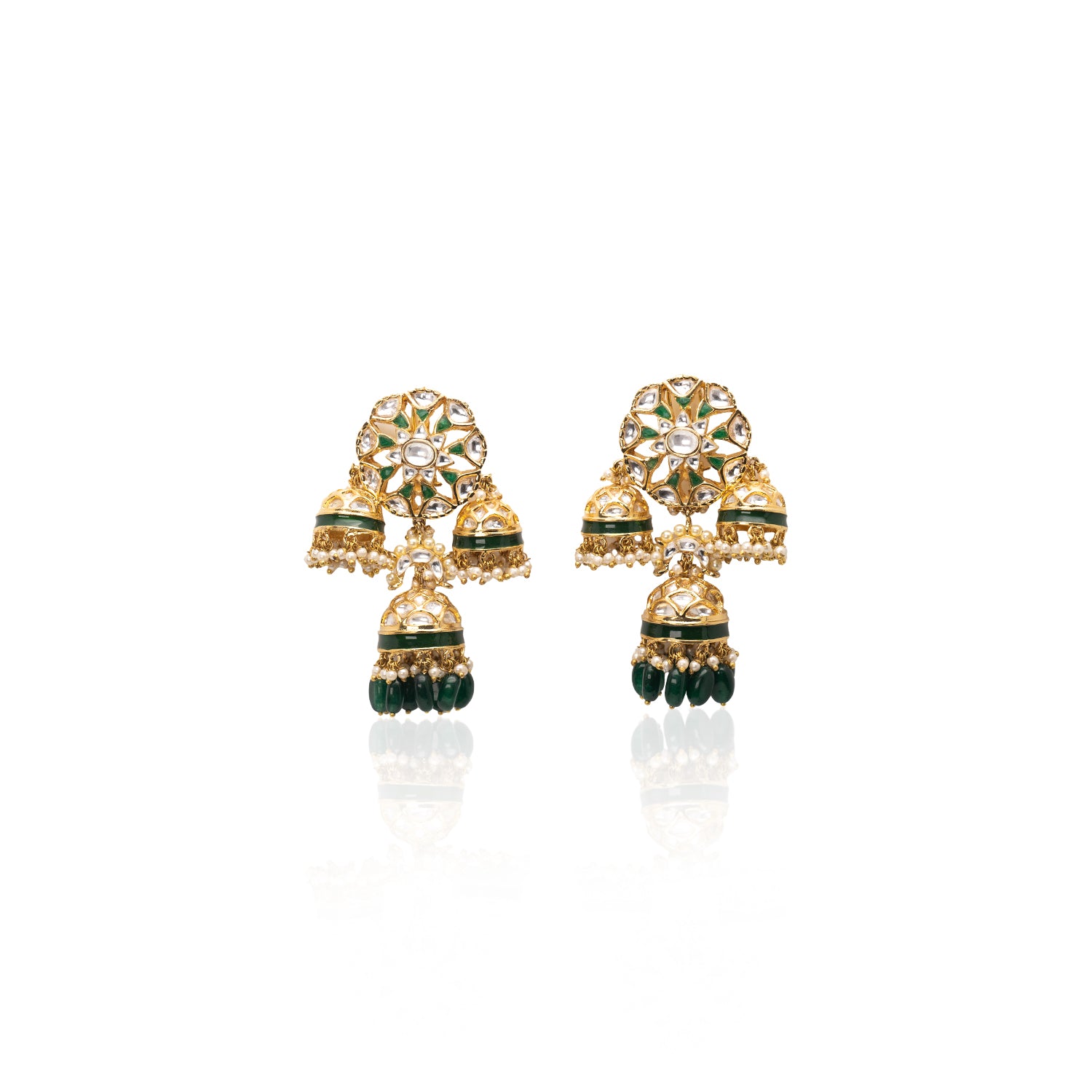 Deepika Earrings in gold kundan with green enamel accents, pearl detailing, and elegant dome-shaped jhumkas.