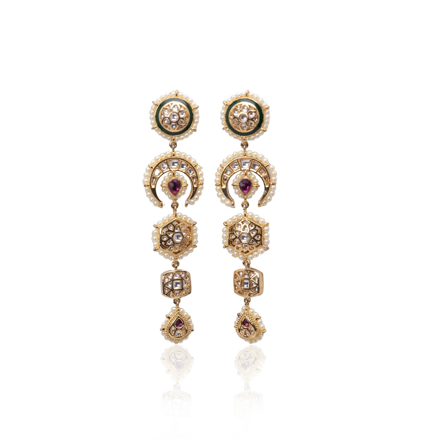 Gold Hira Earrings by Vasundhara with intricate pearl borders and gemstone details, captured on a white background.