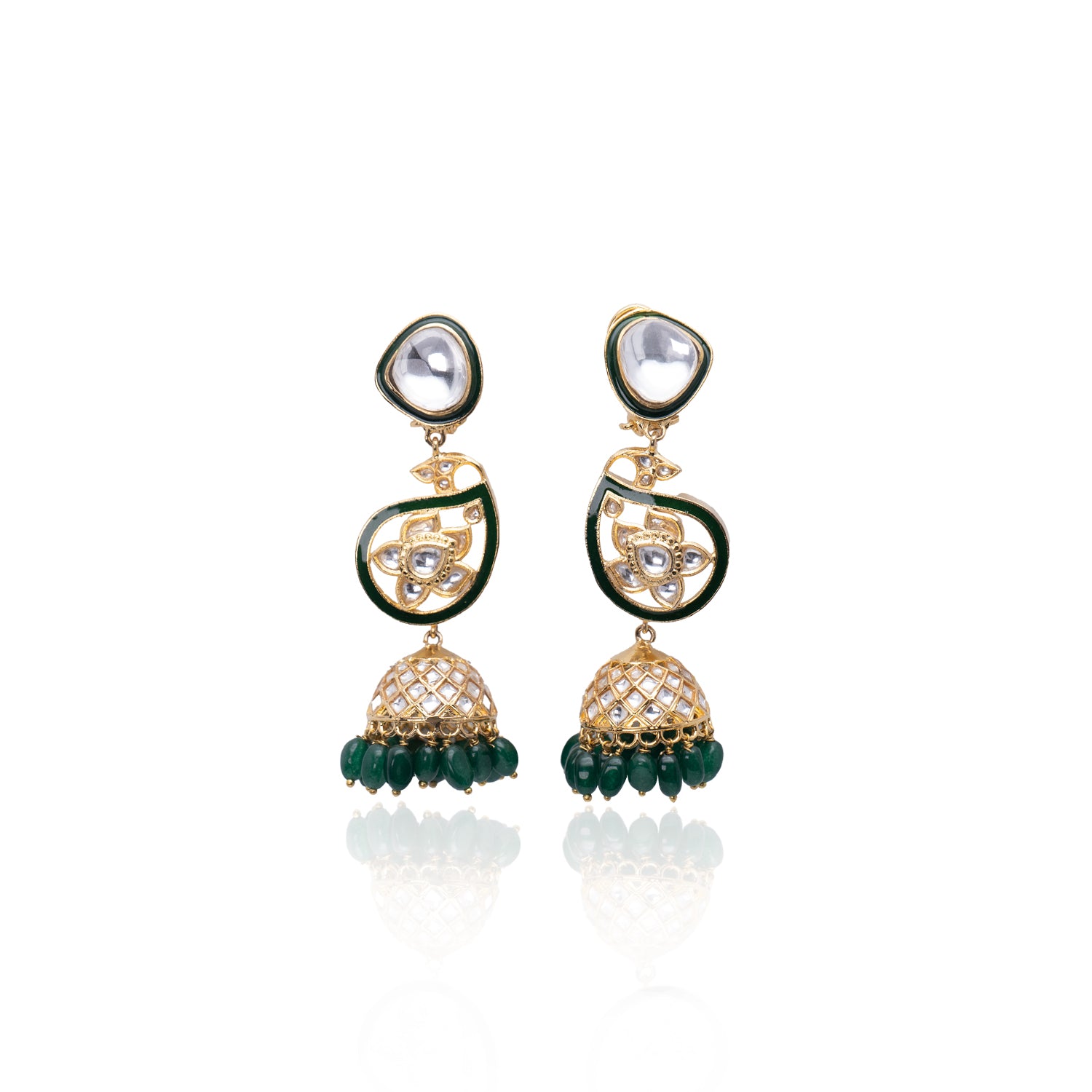 Detailed image of handcrafted Ziya Earrings featuring kundan, enamel accents, and dome jhumka drops.