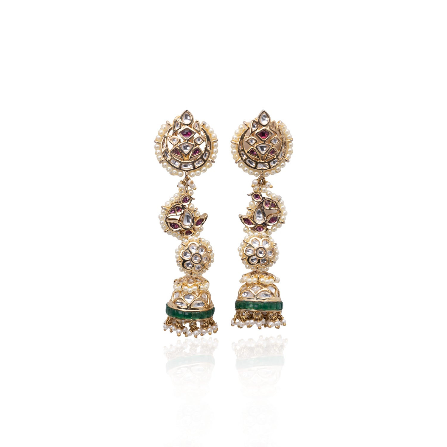 Front view of Kavisha Kundan jhumka earrings with pink, green, and gold detailing on a plain white background.