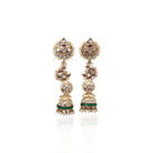 Front view of Kavisha Kundan jhumka earrings with pink, green, and gold detailing on a plain white background.