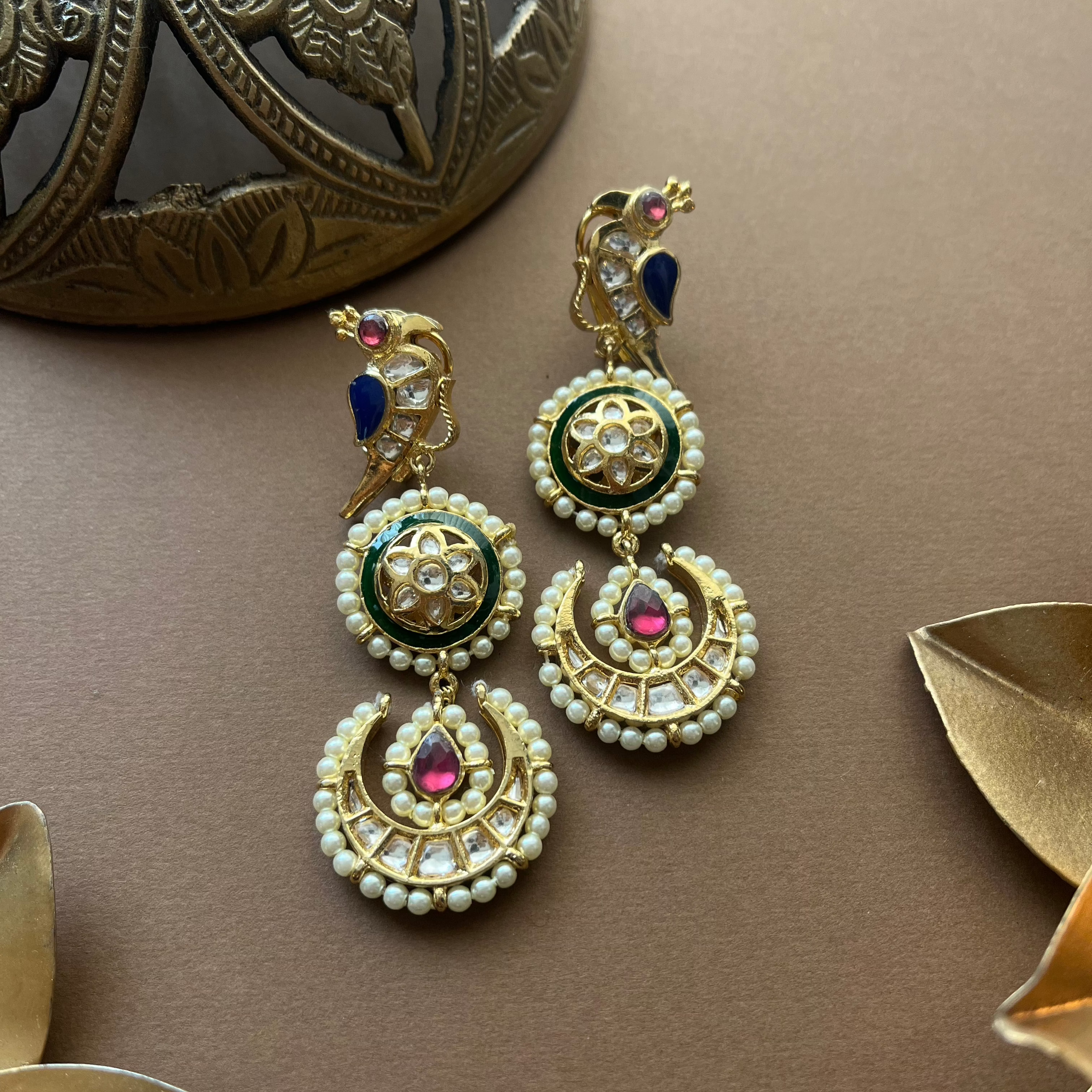 Royal Aarya Earrings is gold, white beads and colourful stones