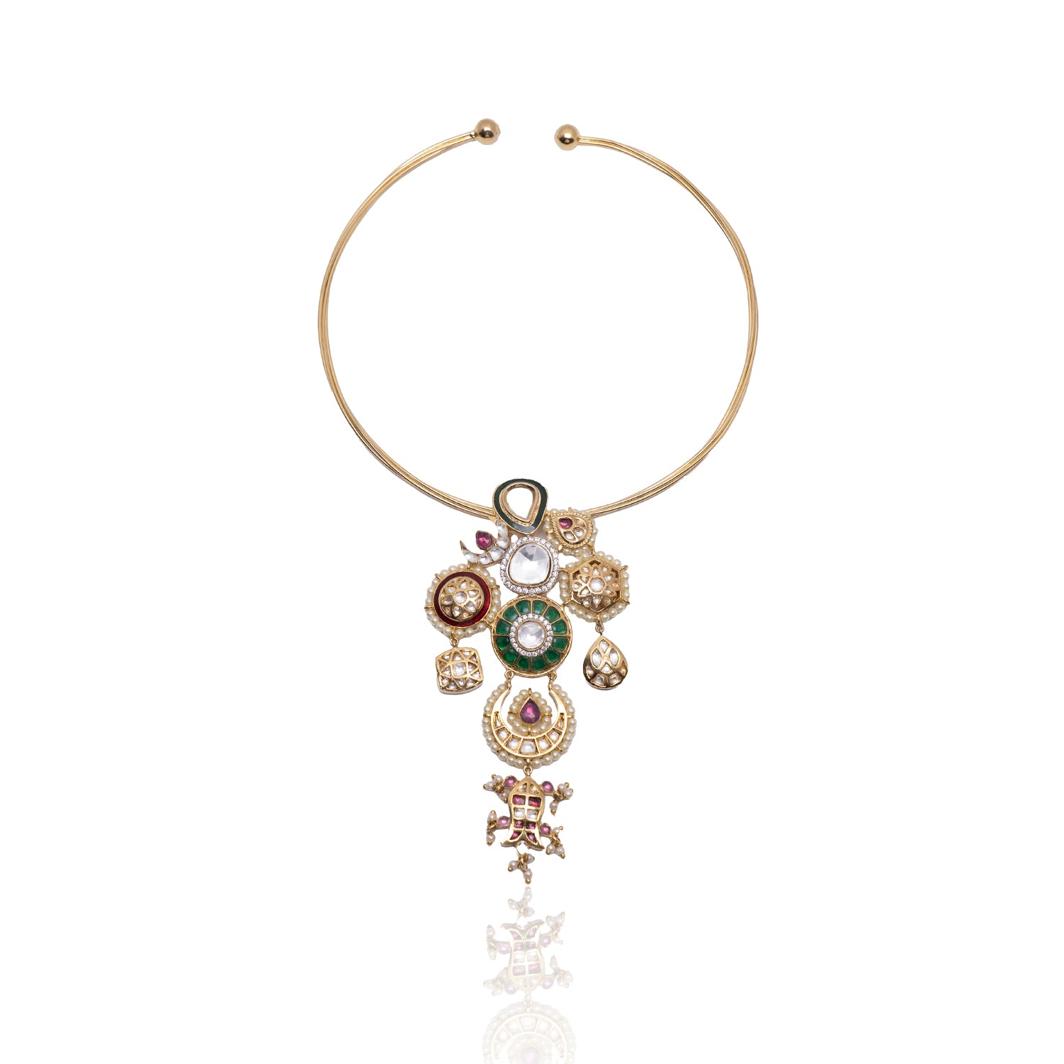 Detailed shot of Narmada Necklace by Vasundhara with kundan, pearls, and vibrant accents, captured on white background.