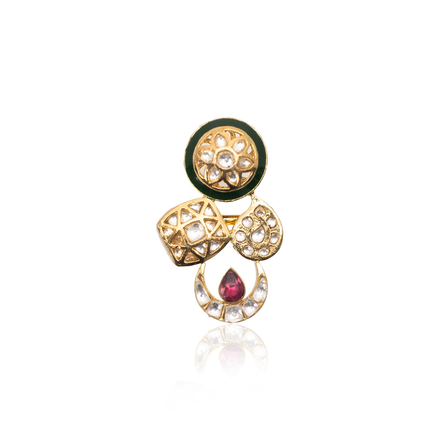 Close-up of Vasundhara’s Indira Ring, handcrafted gold and pearl design with green enamel and ruby, placed in white display.